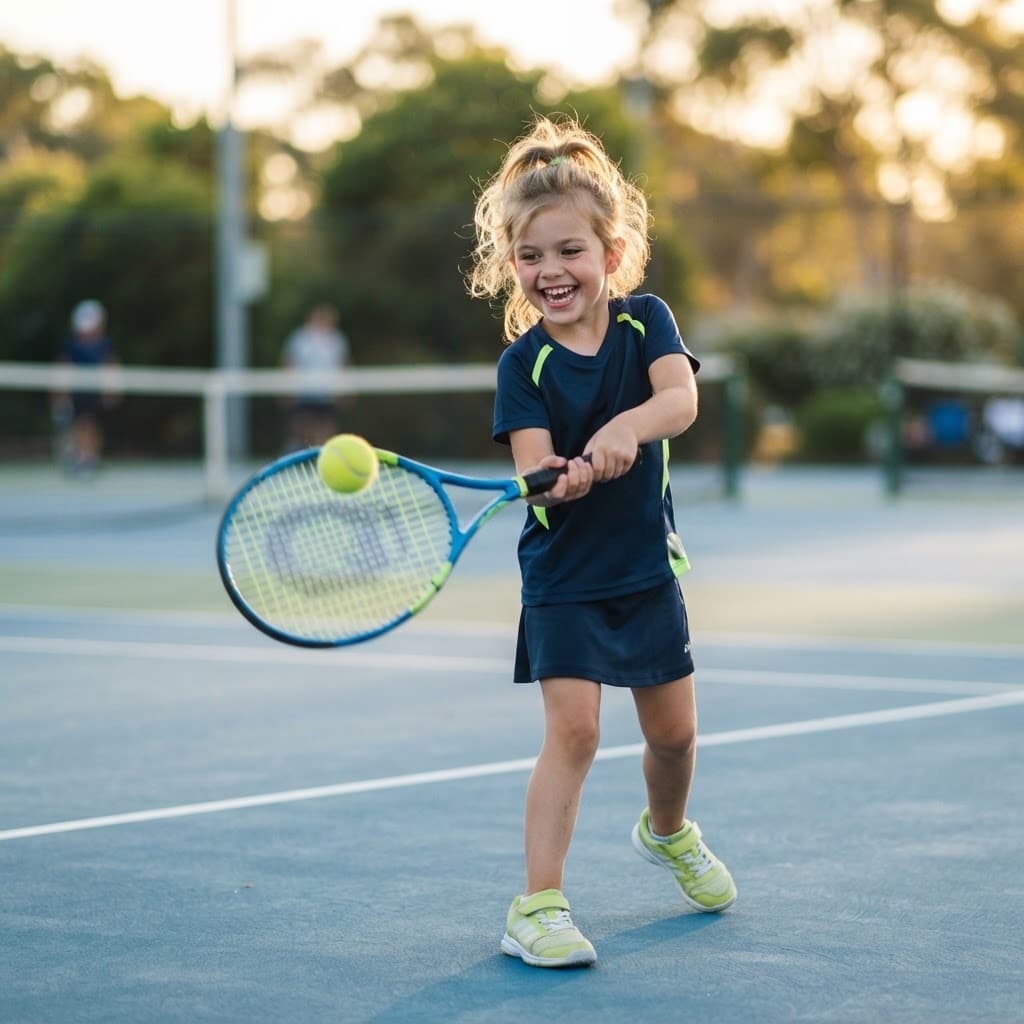 A young child hitting a tennis ball for the first time