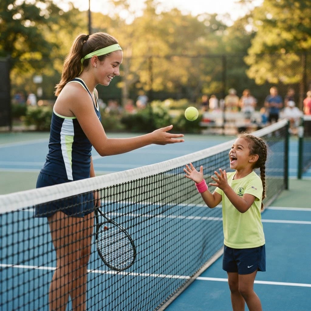 A high-school player tossing a ball to a laughing child across the net