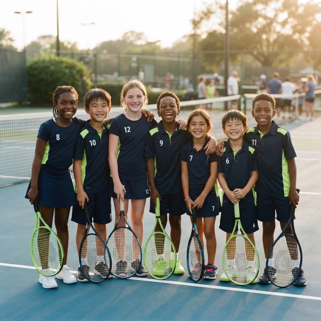 A group of smiling children posing with tennis racquets