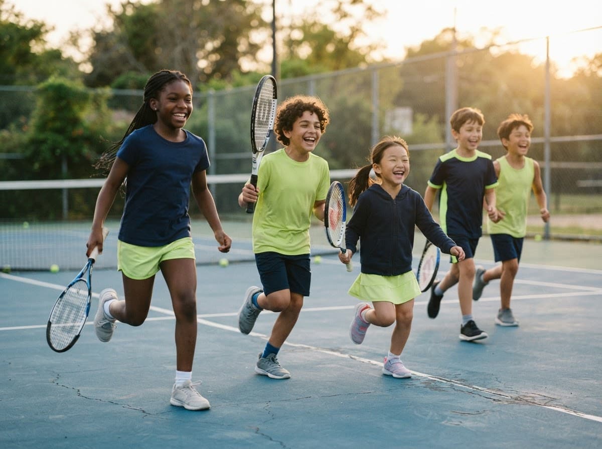 Children laughing and running on a sunny outdoor tennis court